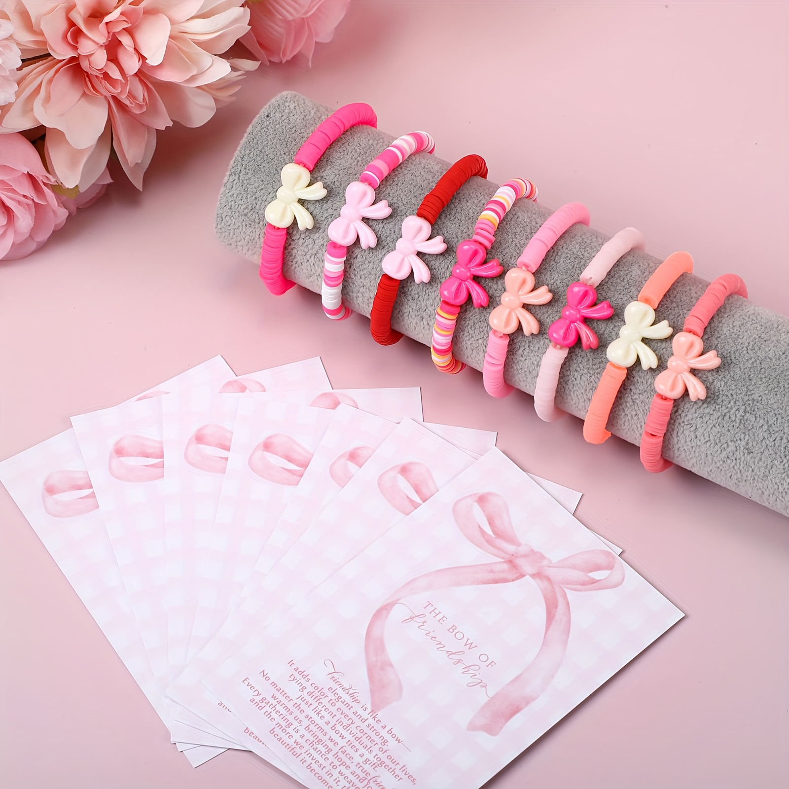 24pc Bow Friendship Bracelet Set, Pink & Multicolor Clay Beads